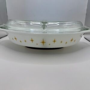 Pyrex Constellation Atomic Starburst Divided 1.5 QT Casserole Dish with Lid.